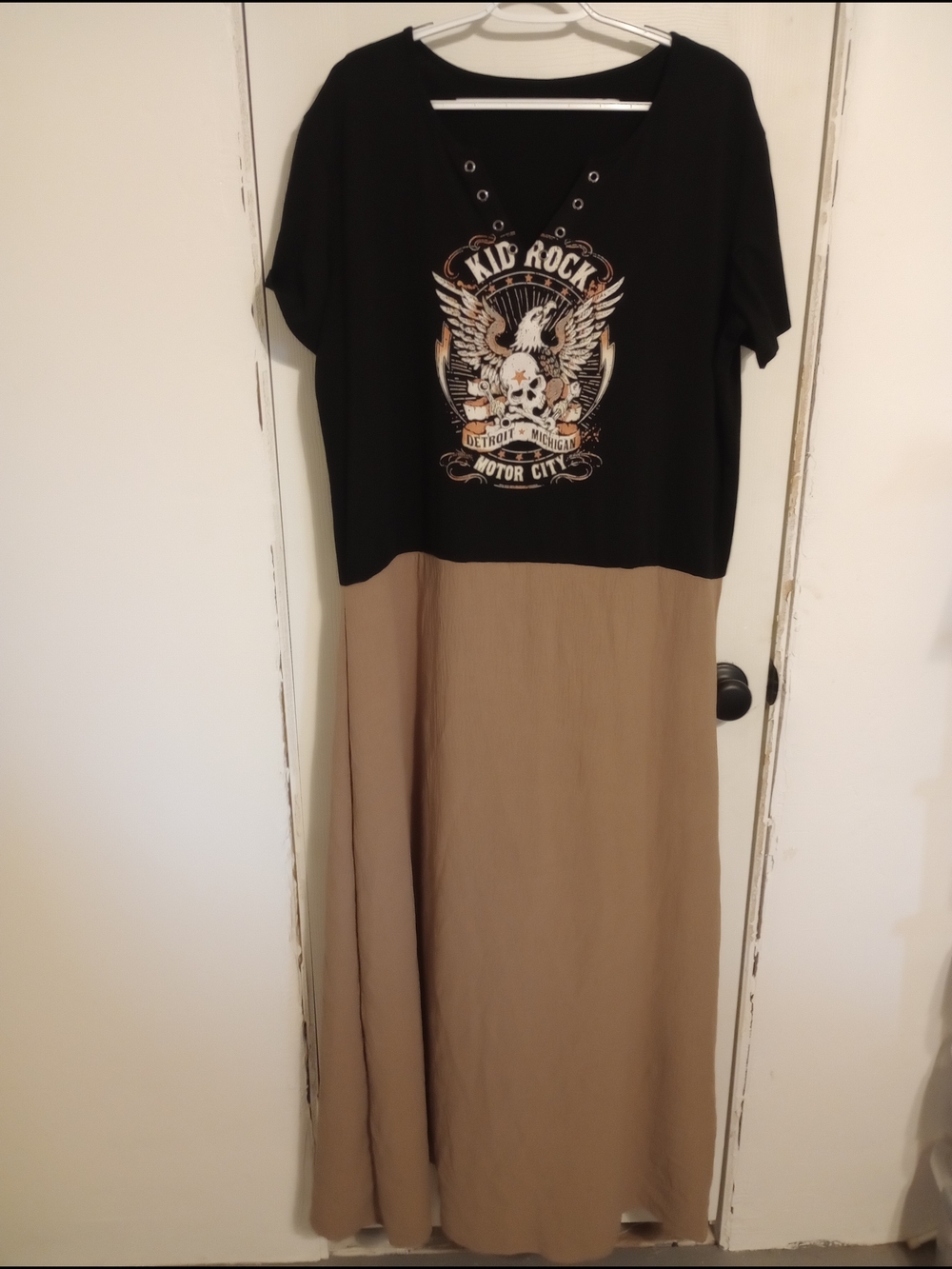 Black and Tan Colorblock Maxi Dress with Graphic V-Neck
